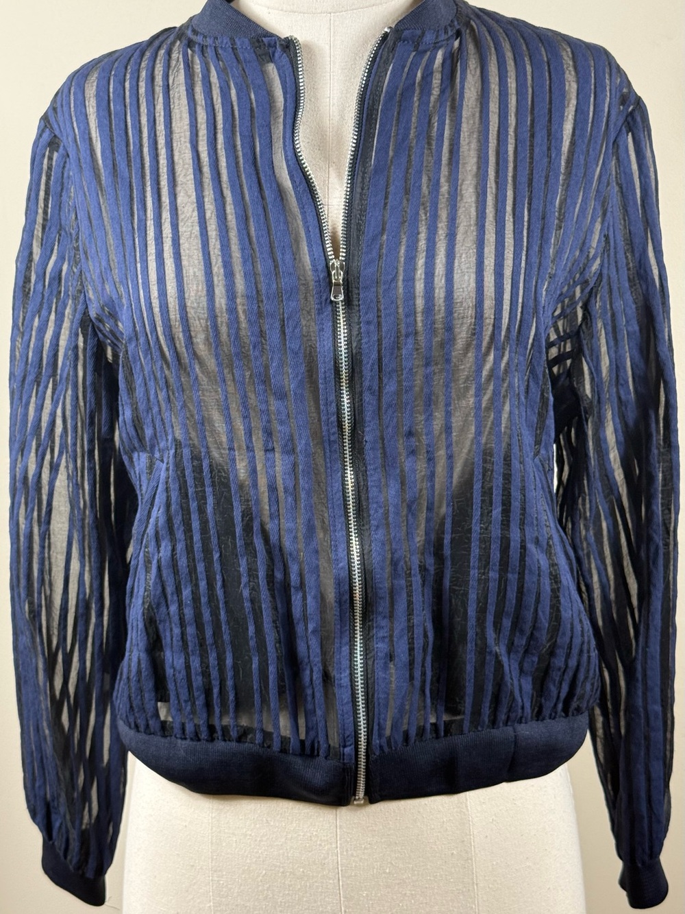 Zara Sheer Striped Bomber Jacket NWT Navy Sz S